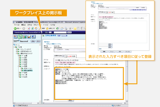 ワークプレイス上の掲示板 表示された入力すべき項目に従って登録